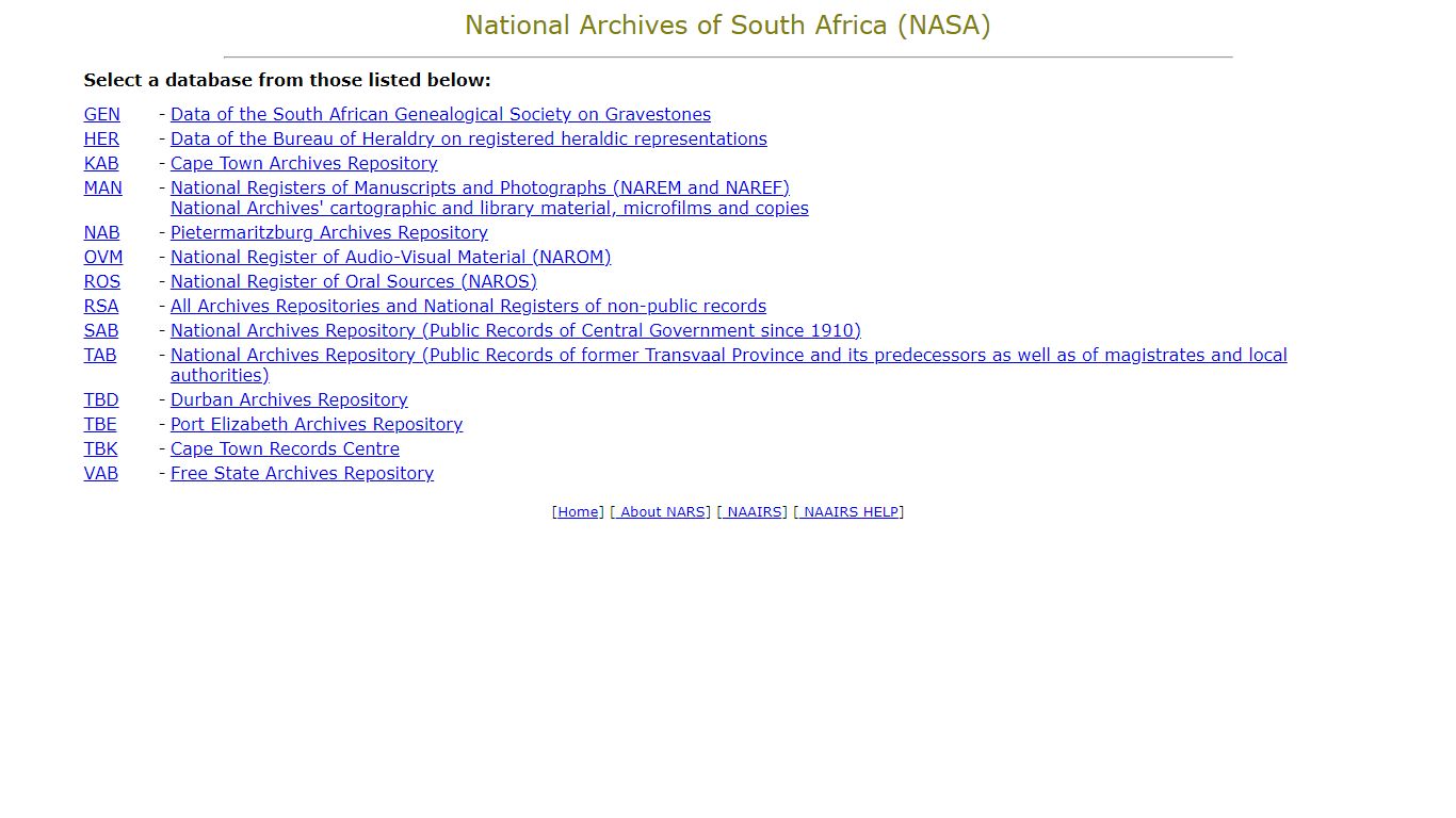 National Archives of South Africa (NASA) Database Selection